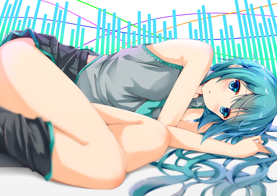 1girl bare_shoulders blue_eyes blue_hair blush fetal_position hatsune_miku long_hair looking_at_viewer lying necktie ok-ray skirt solo vocaloid