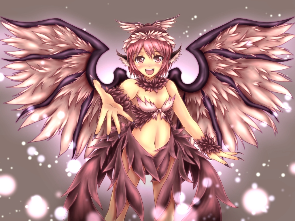 1girl alternate_costume animal_ears bare_arms bird_wings blush censored choker feathers fingernails hat hozenkakari lights long_fingernails midriff mystia_lorelei navel nude open_vest outstretched_arm outstretched_hand pink_eyes pink_hair purple_nails revealing_clothes smile solo touhou wings wrist_cuffs