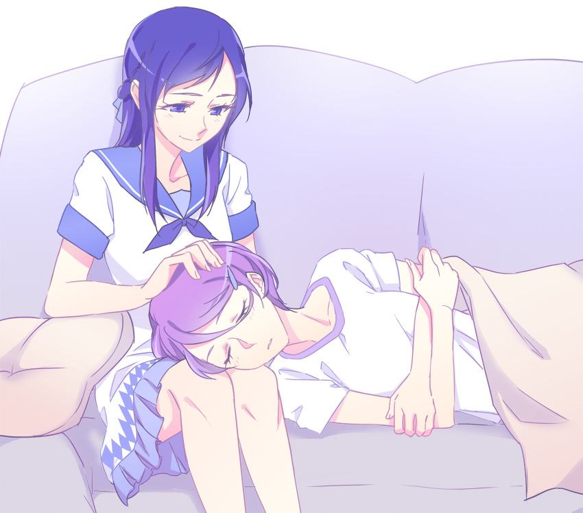 2girls blanket blue_hair closed_eyes couch couple crossed_arms dokidoki!_precure hishikawa_rikka kenzaki_makoto lap_pillow long_hair multiple_girls negom pillow precure purple_hair short_hair simple_background sleeping smile white_background yuri