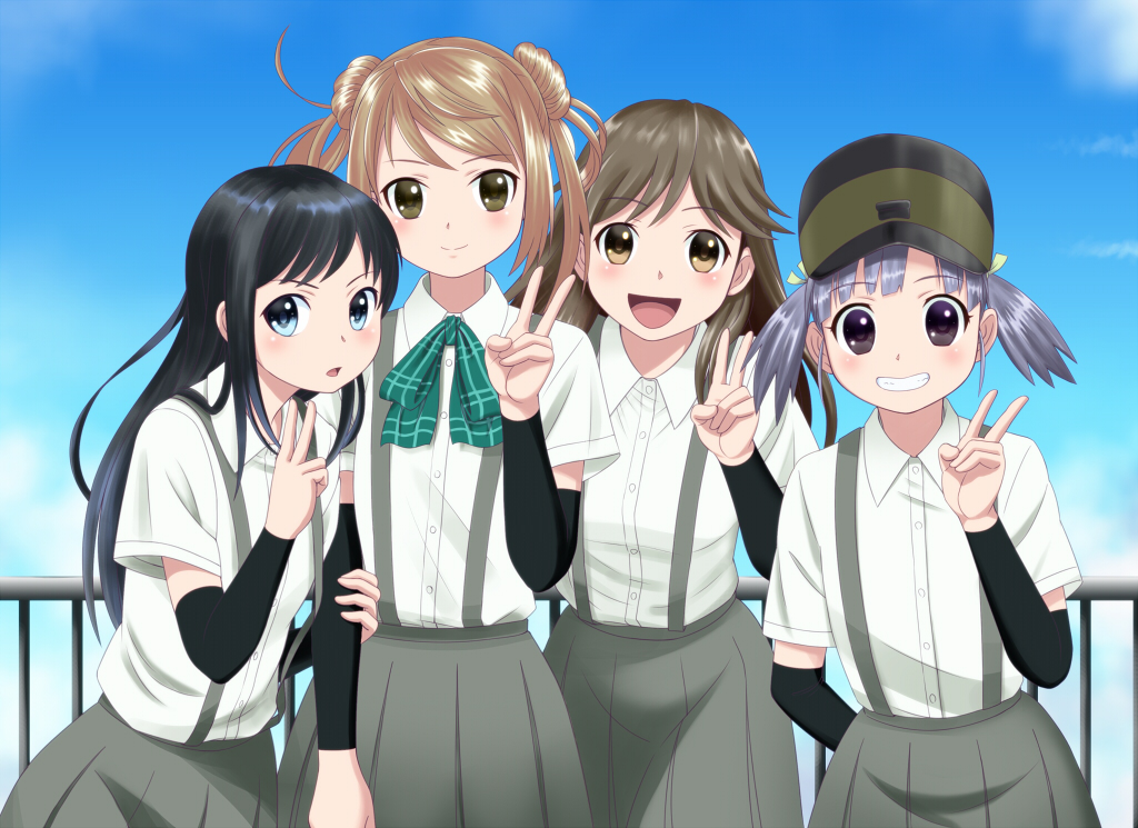 4girls arashio_(kantai_collection) arm_hug arm_warmers asashio_(kantai_collection) ascot black_hair blonde_hair blue_eyes brown_eyes brown_hair cap_(dkdm-d) destroyer grin hair_bun handrail hat kantai_collection long_hair looking_at_viewer michishio_(kantai_collection) multiple_girls ooshio_(kantai_collection) open_mouth personification purple_hair ribbon school_uniform ship short_twintail skirt smile suspenders twintails v violet_eyes yellow_eyes