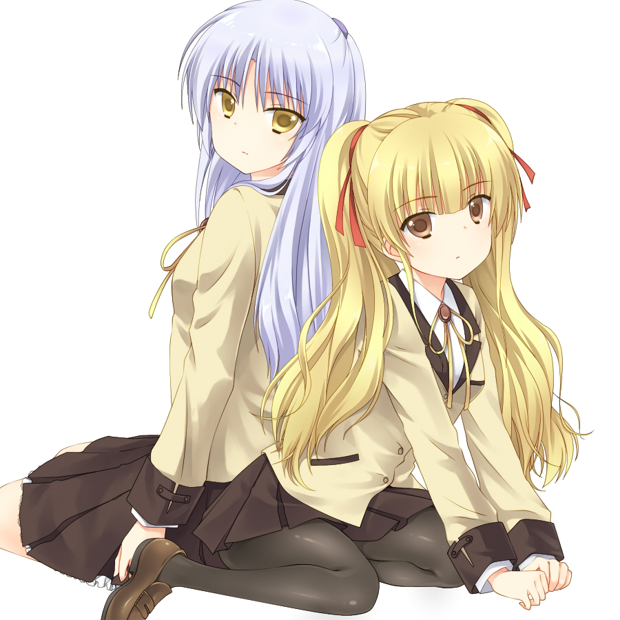 2girls angel_beats! back-to-back blazer blonde_hair blue_hair brown_eyes long_hair multiple_girls pantyhose satou_aoi school_uniform sitting tachibana_kanade twintails wariza yellow_eyes yusa_(angel_beats!)