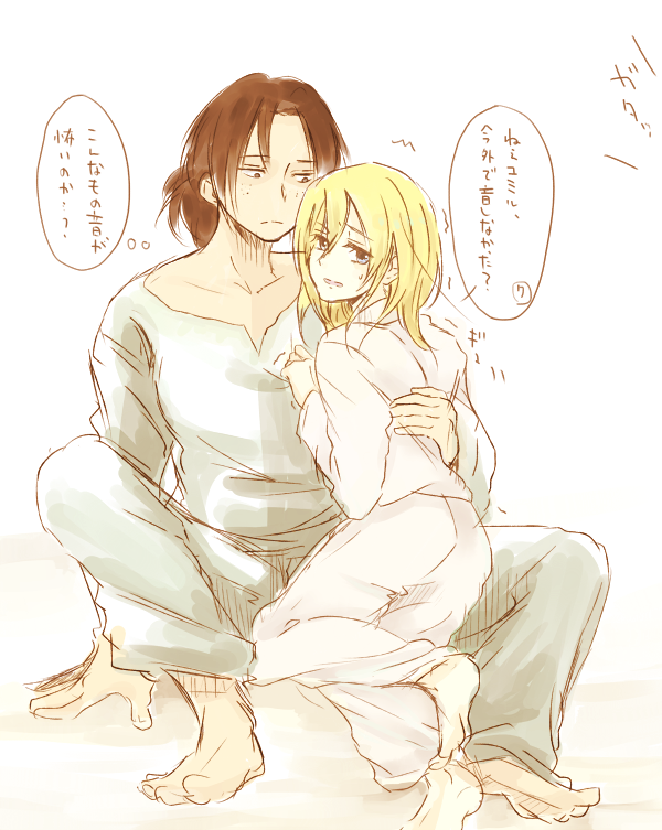 2girls artist_request barefoot blonde_hair blue_eyes brown_hair christa_renz freckles holding multiple_girls pajamas ponytail shaking shingeki_no_kyojin short_hair simple_background sweatdrop translation_request tugging ymir_(shingeki_no_kyojin) yuri