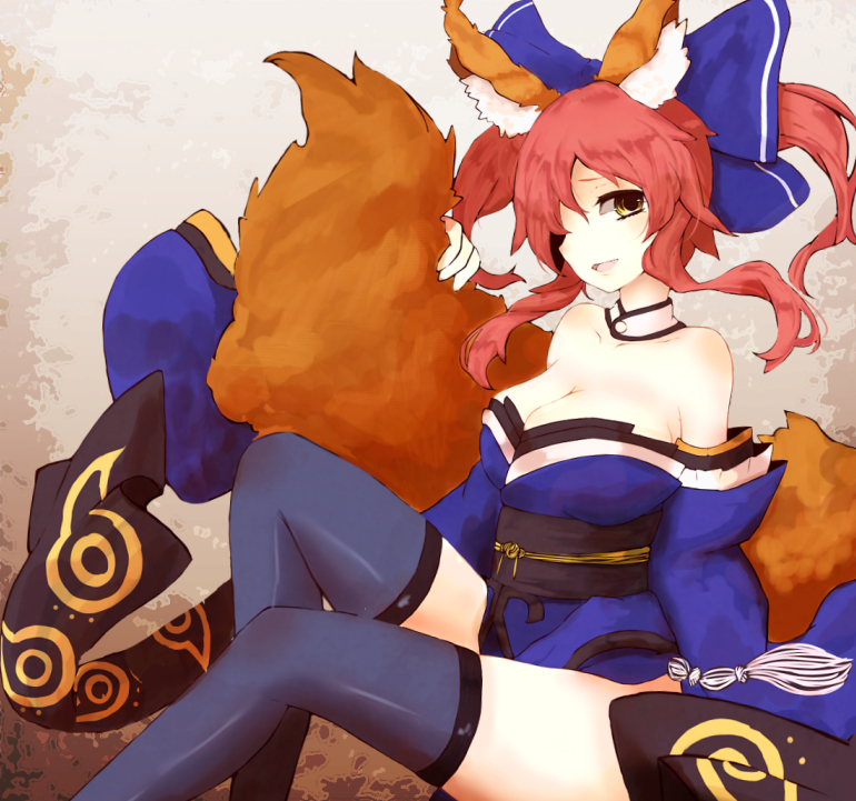 1girl animal_ears bare_shoulders blue_legwear bow breasts caster_(fate/extra) choker cleavage detached_sleeves fate/extra fate_(series) fox_ears fox_tail hair_bow hair_ribbon japanese_clothes magryo763 obi pink_hair ribbon smile solo tail thighhighs twintails yellow_eyes
