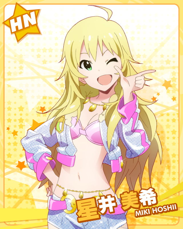 1girl ;d ahoge blonde_hair character_name green_eyes hand_on_hip hoshii_miki idolmaster idolmaster_million_live! jacket jewelry long_hair looking_at_viewer navel necklace official_art open_mouth posing smile wink