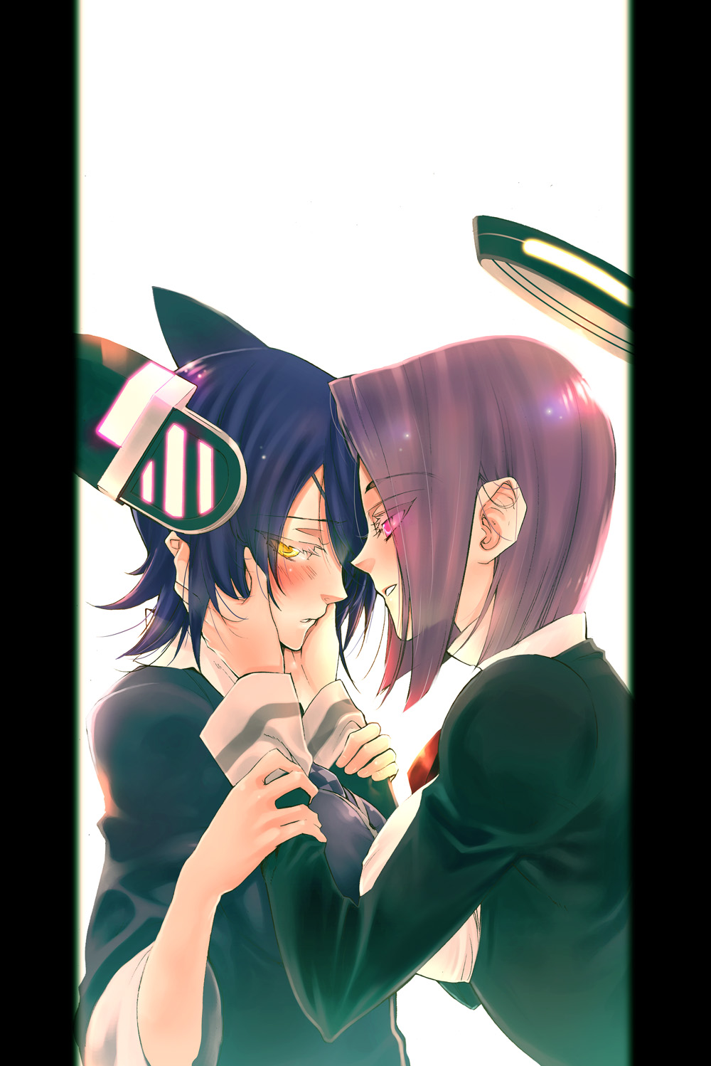 blush eyepatch hands_on_another's_cheeks hands_on_another's_face headgear highres jirosuzuki kantai_collection looking_at_another looking_away mechanical_halo multiple_girls necktie open_mouth personification purple_hair school_uniform short_hair smile tatsuta_(kantai_collection) tenryuu_(kantai_collection) violet_eyes yellow_eyes yuri