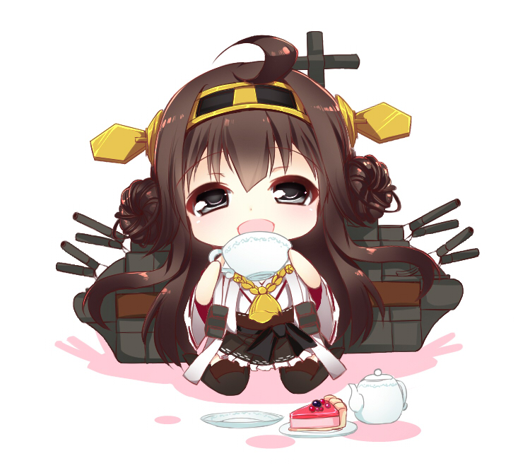 1girl :d ahoge boots brown_hair cake chibi closed_eyes cup detached_sleeves food hair_ornament hairband headgear japanese_clothes kantai_collection kongou_(kantai_collection) long_hair miko open_mouth personification ribbon_trim simple_background skirt smile solo tagme teacup thigh-highs thigh_boots wavy_mouth white_background wide_sleeves zettai_ryouiki