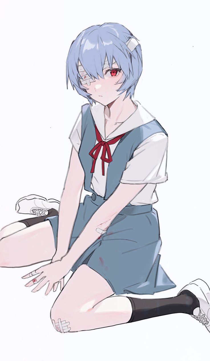 1girl aiko_(kanl) ayanami_rei bandage_over_one_eye bandages bandaid bandaid_on_arm bandaid_on_hand bangs black_socks blood blood_on_bandages blue_hair blue_skirt blue_vest bow bowtie breasts buttons closed_mouth collarbone collared_shirt grey_background grey_shirt hair_between_eyes highres looking_to_the_side medium_breasts neon_genesis_evangelion red_bow red_bowtie red_eyes shirt shoes short_hair short_sleeves simple_background sitting skirt sneakers socks solo vest white_footwear