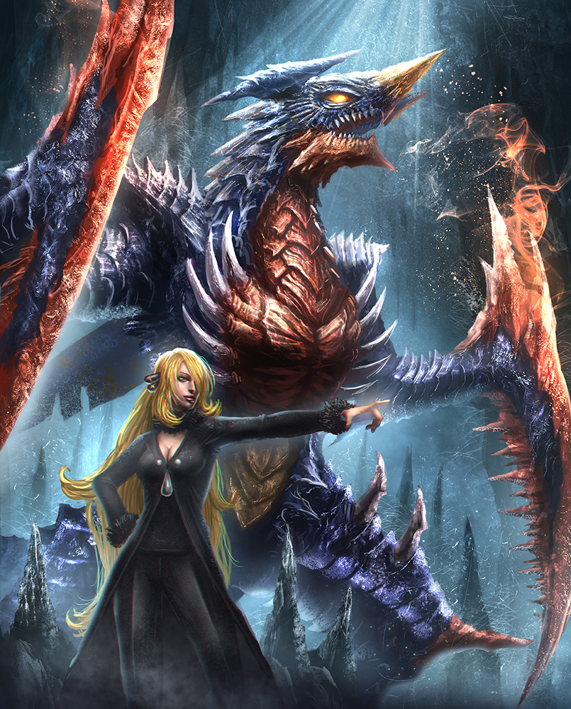 1girl blonde_hair blue_eyes breasts cave cleavage dragon fangs garchomp hair_ornament hair_over_one_eye hand_on_hip lips long_hair mega_pokemon open_mouth outstretched_arm pointing_finger pokemon pokemon_(game) scales sharp_teeth shirona_(pokemon) stalactite stalagmite yellow_eyes ze-l