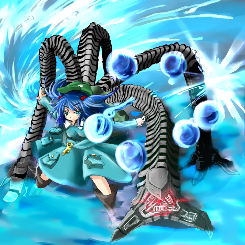 backpack bag blue_background blue_hair boots doctor_octopus dress hair_beads hat kawashiro_nitori key marvel robotic_arms shihoden short_hair tentacles touhou