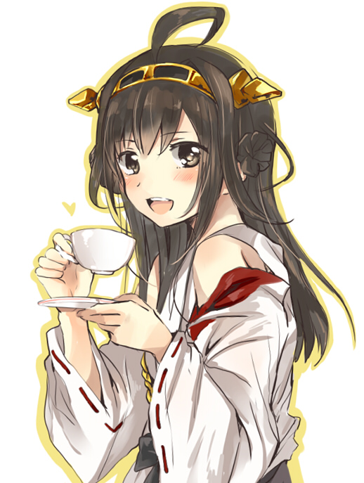 1girl :d bare_shoulders blush brown_hair cup detached_sleeves double_bun gumichoco hair_ornament hairband headgear japanese_clothes kantai_collection kongou_(kantai_collection) long_hair looking_at_viewer miko nontraditional_miko open_mouth personification ribbon_trim simple_background smile solo teacup white_background