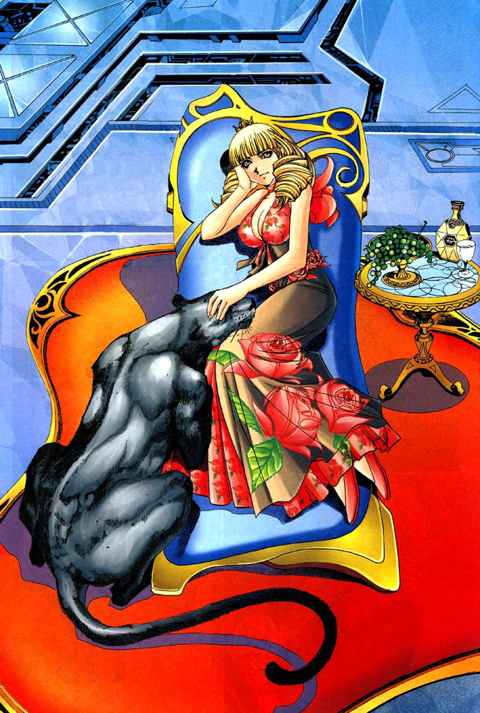 1girl animal artist_request black_panther blonde_hair breasts cleavage corset dress drill_hair floral_print flower food fruit grapes hair_ribbon high_heels king_of_fighters long_dress long_hair mini_crown oldschool panther petting recliner reclining red_shoes ribbon rose rose_bernstein shoes sleeveless sleeveless_dress smile twin_drills