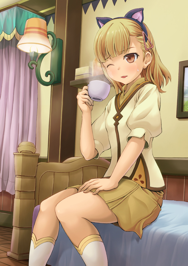 1girl ;p animal_ears bed blonde_hair blush brown_eyes cat_ears cup curtains fake_animal_ears hair_ornament hairband hairclip ibushigin lamp picture_frame rosetta rune_factory rune_factory_1 rune_factory_frontier sitting skirt steam sweatdrop teacup tongue wince wink