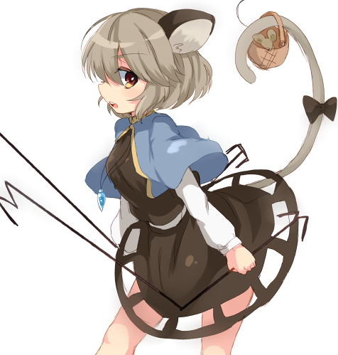 1girl animal_ears blush capelet dowsing_rod grey_hair jewelry lowres mouse mouse_ears mouse_tail nazrin open_mouth paragasu_(parags112) pendant rat short_hair tail touhou yellow_eyes