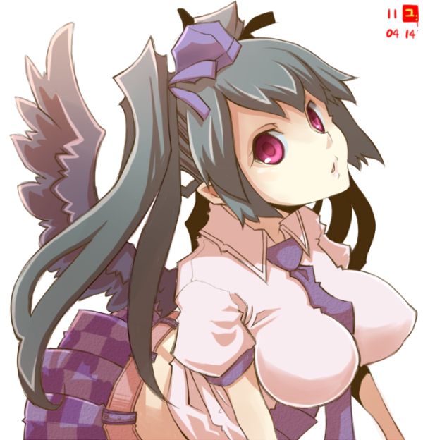 1girl black_wings brown_hair checkered checkered_skirt dated dress_shirt hat himekaidou_hatate large_breast leaning_forward long_hair looking_at_viewer miniskirt necktie pleated_skirt pointy_ears red_eyes shirt short_sleeves skirt solo standing tokin_hat touhou twintails uni_mate white_background white_shirt wingsrn