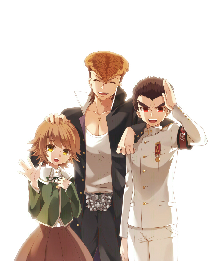 3boys armband black_hair blonde_hair brown_eyes brown_hair dangan_ronpa fujisaki_chihiro ishimaru_kiyotaka long_hair medal multiple_boys oowada_mondo red_eyes salute school_uniform short_hair smile sun_trial trap uniform waving