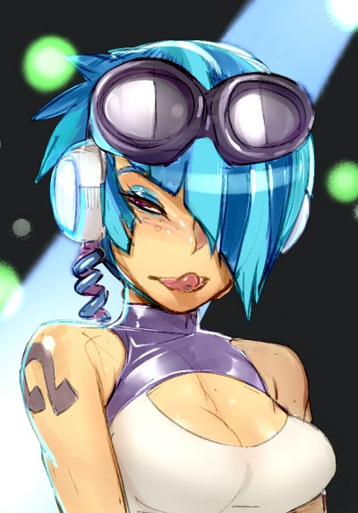 1girl bare_shoulders blue_hair blush breasts bust cable cleavage cleavage_cutout dj_pon3 doxy eyelashes eyeshadow hair_over_one_eye halterneck headphones makeup my_little_pony my_little_pony_friendship_is_magic personification piercing short_hair solo sunglasses sunglasses_on_head tattoo tongue tongue_piercing vinyl_scratch work_in_progress
