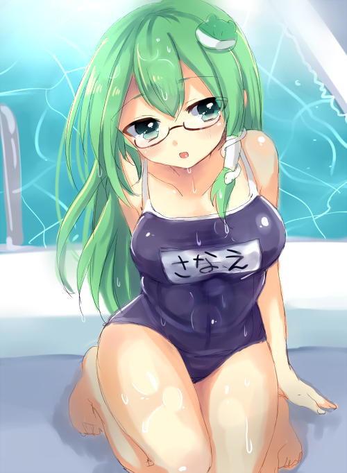 1girl bespectacled breasts competition_school_swimsuit frog_hair_ornament glasses green_eyes green_hair hair_ornament hair_tubes kneeling kochiya_sanae long_hair open_mouth paragasu_(parags112) pool semi-rimless_glasses snake_hair_ornament solo touhou water wet_swimsuit