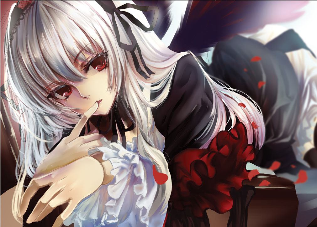 1girl black_dress black_wings doll_joints dress finger_to_mouth gothic_lolita hairband layered_dress lolita_fashion lolita_hairband long_hair long_sleeves looking_at_viewer lying on_stomach petals red_eyes rozen_maiden silver_hair solo suigintou white_dress wide_sleeves wings yuki_hikari