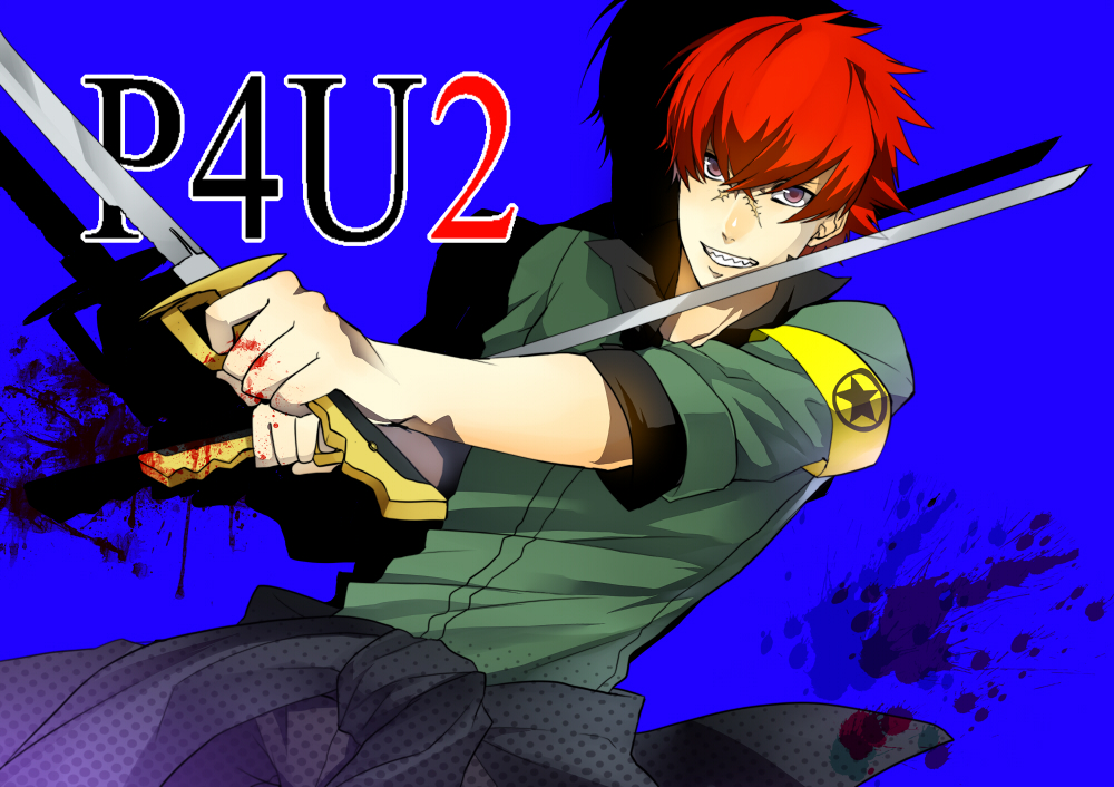 blood dual_wielding ebippoid grin minazuki_sho persona persona_4:_the_ultimate_in_mayonaka_arena redhead scar smile sword weapon