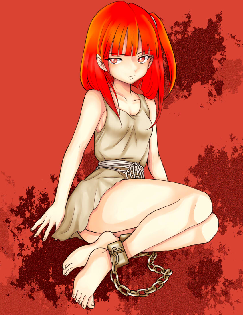 1girl ankle_cuffs barefoot bound_ankles dress feet legs long_hair magi_the_labyrinth_of_magic morgiana red_eyes redhead shackle sitting slave