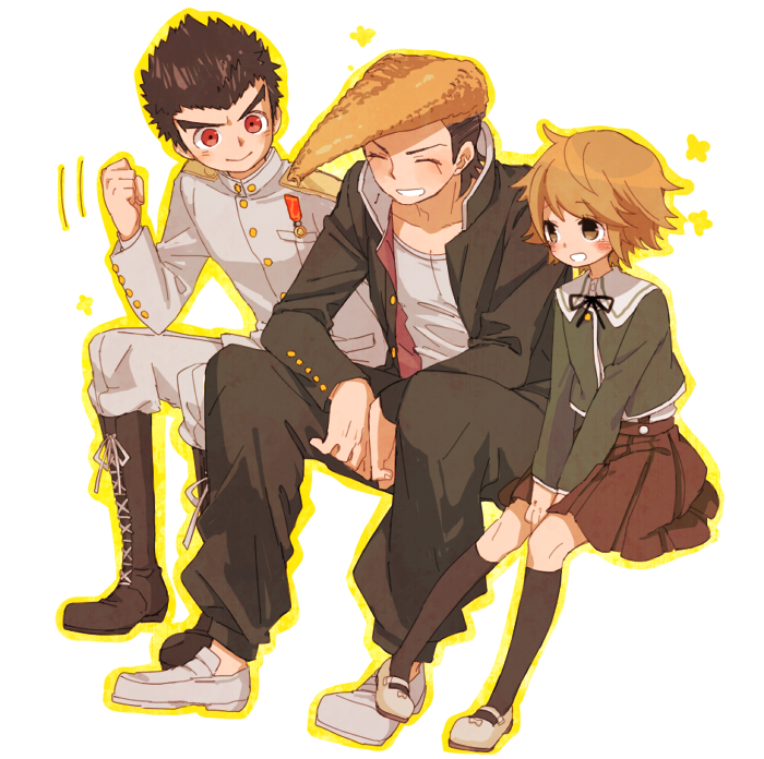 3boys black_hair blonde_hair brown_eyes brown_hair dangan_ronpa fujisaki_chihiro ishimaru_kiyotaka medal mrokr multiple_boys oowada_mondo red_eyes school_uniform short_hair sitting smile trap uniform