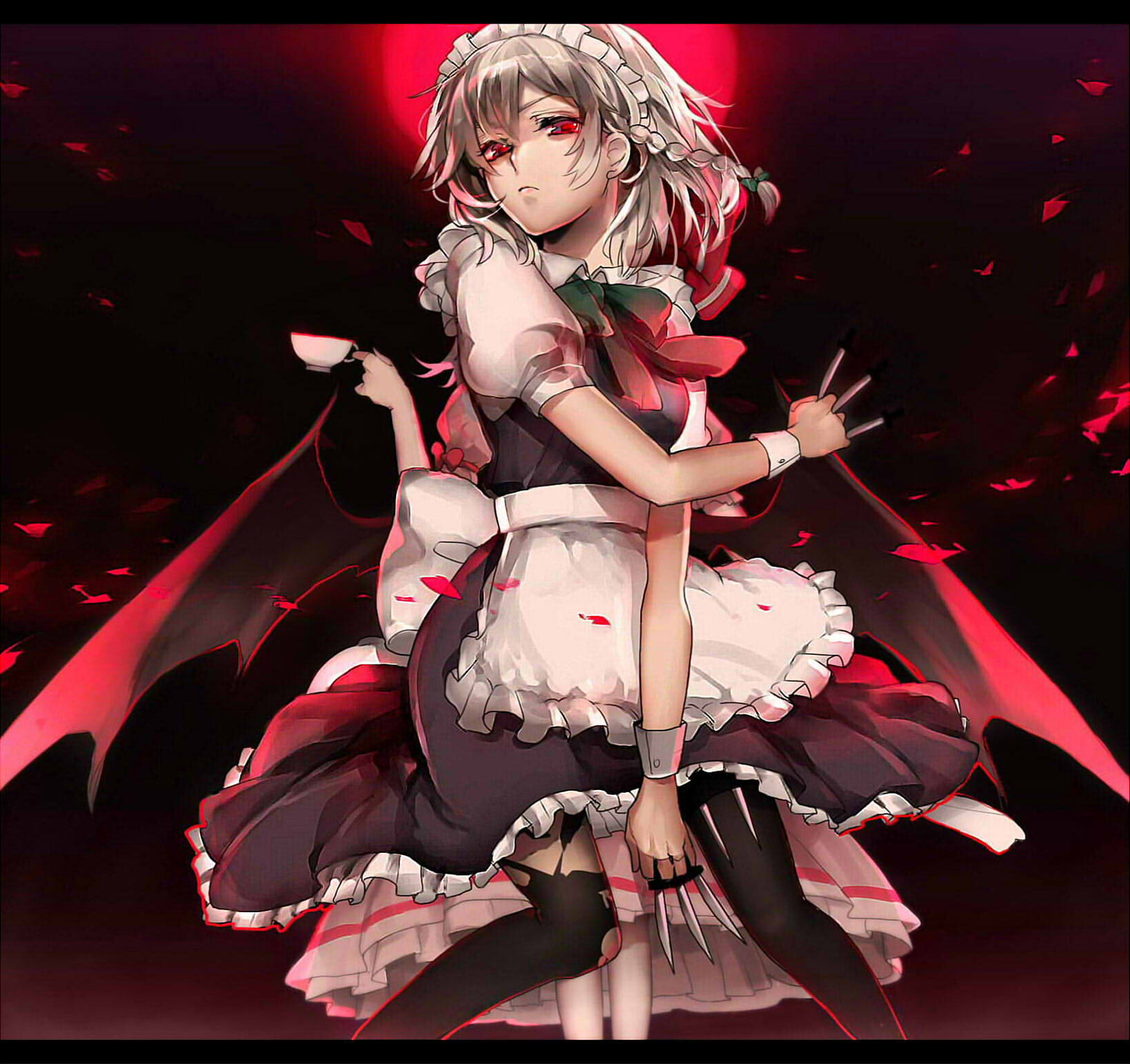 2girls apron ayatoki-1 back-to-back bat_wings between_fingers black_dress black_legwear braid cup dress full_moon highres holster izayoi_sakuya knife letterboxed looking_at_viewer maid maid_headdress moon multiple_girls night pantyhose petals pink_dress puffy_sleeves red_eyes red_moon remilia_scarlet shirt short_sleeves silver_hair teacup thigh_holster torn_clothes torn_pantyhose touhou twin_braids waist_apron wings wrist_cuffs