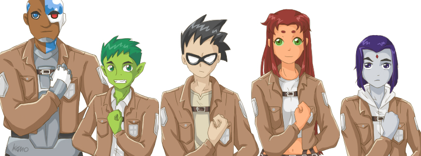 2girls 3boys beast_boy_(dc) cyborg_(dc) dc_comics gaiabyss multiple_boys multiple_girls parody raven_(dc) robin_(dc) shingeki_no_kyojin starfire teen_titans