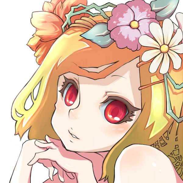 1girl blonde_hair chin_rest close-up face flower hair_flower hair_ornament headwear looking_at_viewer original red_eyes short_hair smile solo uni_mate