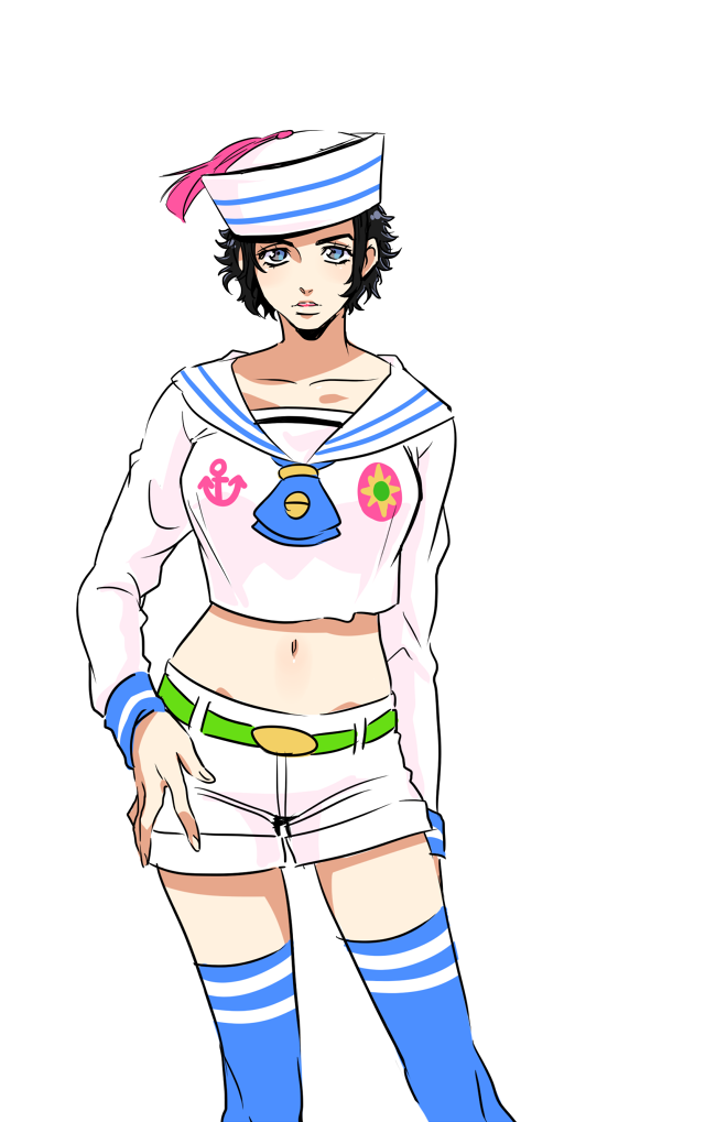 1girl black_hair blue_eyes blue_legwear dixie_cup_hat genderswap hat higashikata_jousuke_(jojolion) jojo_no_kimyou_na_bouken jojolion midriff sailor short_hair shorts thighhighs vldksltlah88