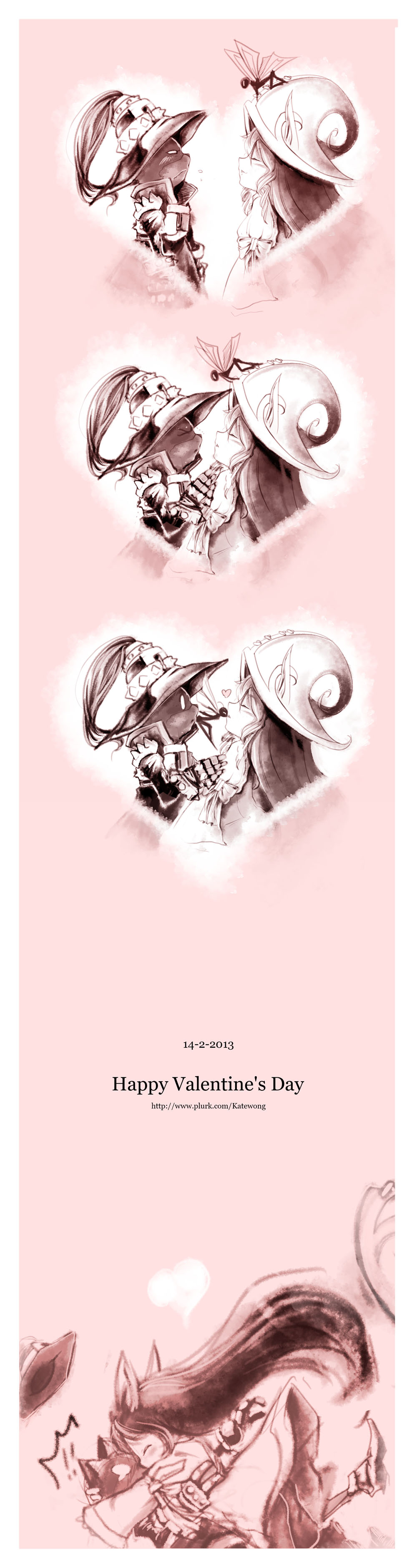 !! 1boy 1girl absurdres animal_ears fairy hat heart highres hoshinokaoru league_of_legends long_hair long_image lulu_(league_of_legends) monochrome pink_background pix tall_image valentine veigar witch_hat yordle