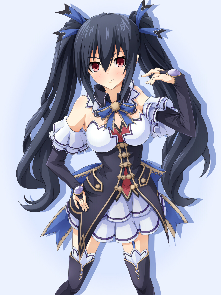 1girl bare_shoulders black_hair blush breasts choujigen_game_neptune hair_ornament highres long_hair mei_ichi noire red_eyes ribbon smile solo thighhighs twintails