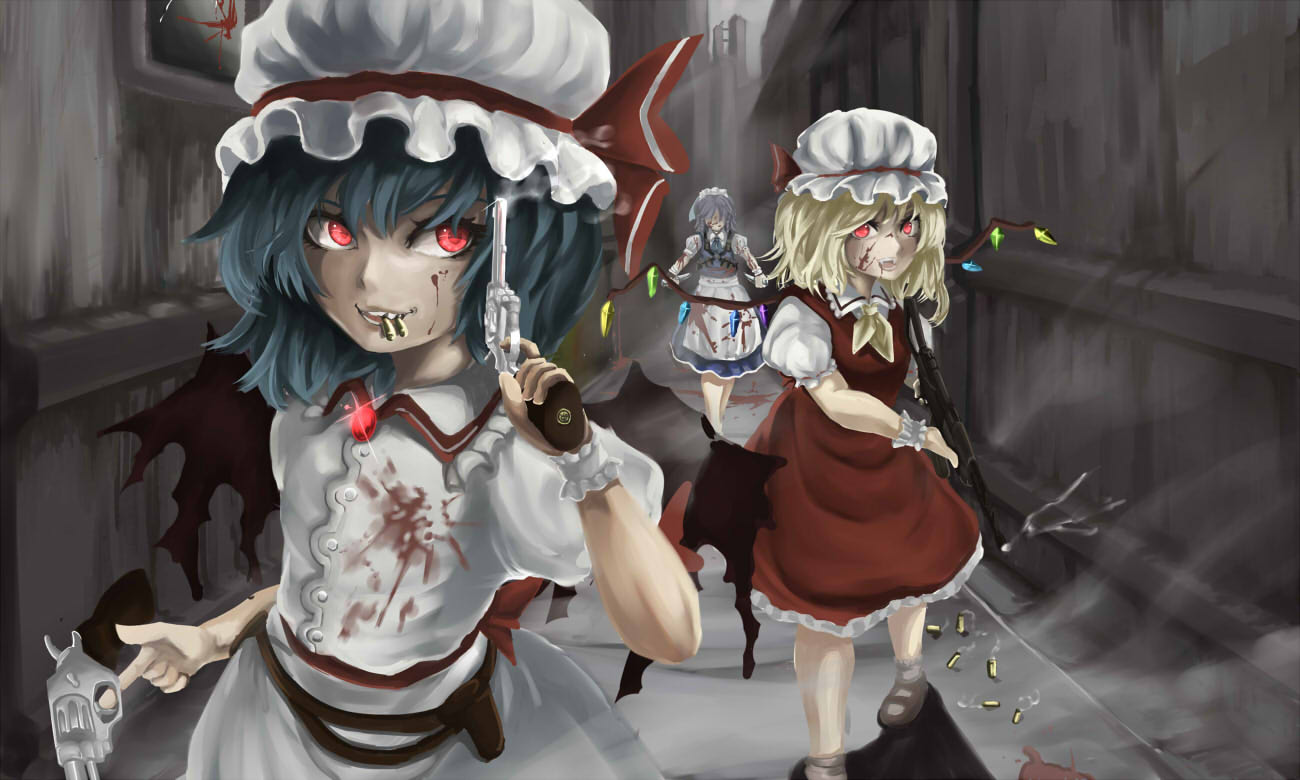 ascot bat_wings blonde_hair blood blood_on_face bloody_clothes blue_hair bullet_in_mouth dress dual_wielding fangs flandre_scarlet gun hat hat_ribbon holster izayoi_sakuya knife maid maid_apron maid_headdress mob_cap red_dress red_eyes remilia_scarlet ribbon rikkido shotgun shotgun_shells smoke touhou weapon white_dress wings