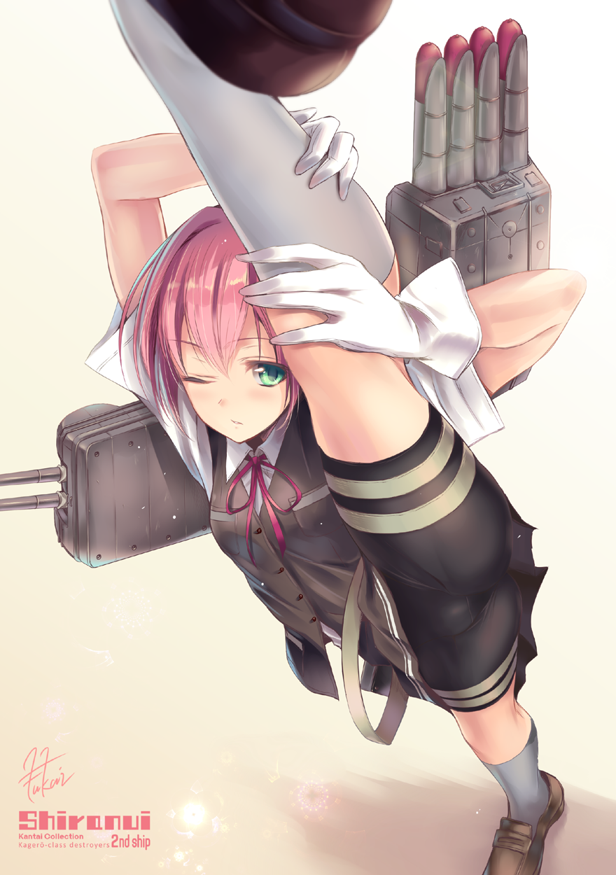 1girl ass bike_shorts black_bike_shorts character_name fukai_ryousuke gloves green_eyes highres kantai_collection leg_lift loafers looking_at_viewer mecha_musume neck_ribbon personification pink_hair ribbon school_uniform serafuku shiranui_(kantai_collection) shoes short_hair short_sleeves skirt solo stretch stretching thighhighs vest white_gloves wink