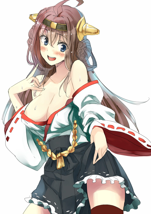 1girl :d bare_shoulders blue_eyes blush body_mahattaya_ginga boots breasts brown_hair detached_sleeves double_bun hair_ornament hairband headband headgear japanese_clothes kantai_collection kongou_(kantai_collection) long_hair miko nontraditional_miko open_mouth personification ribbon_trim skirt smile solo thigh_boots thighhighs wide_sleeves zettai_ryouiki