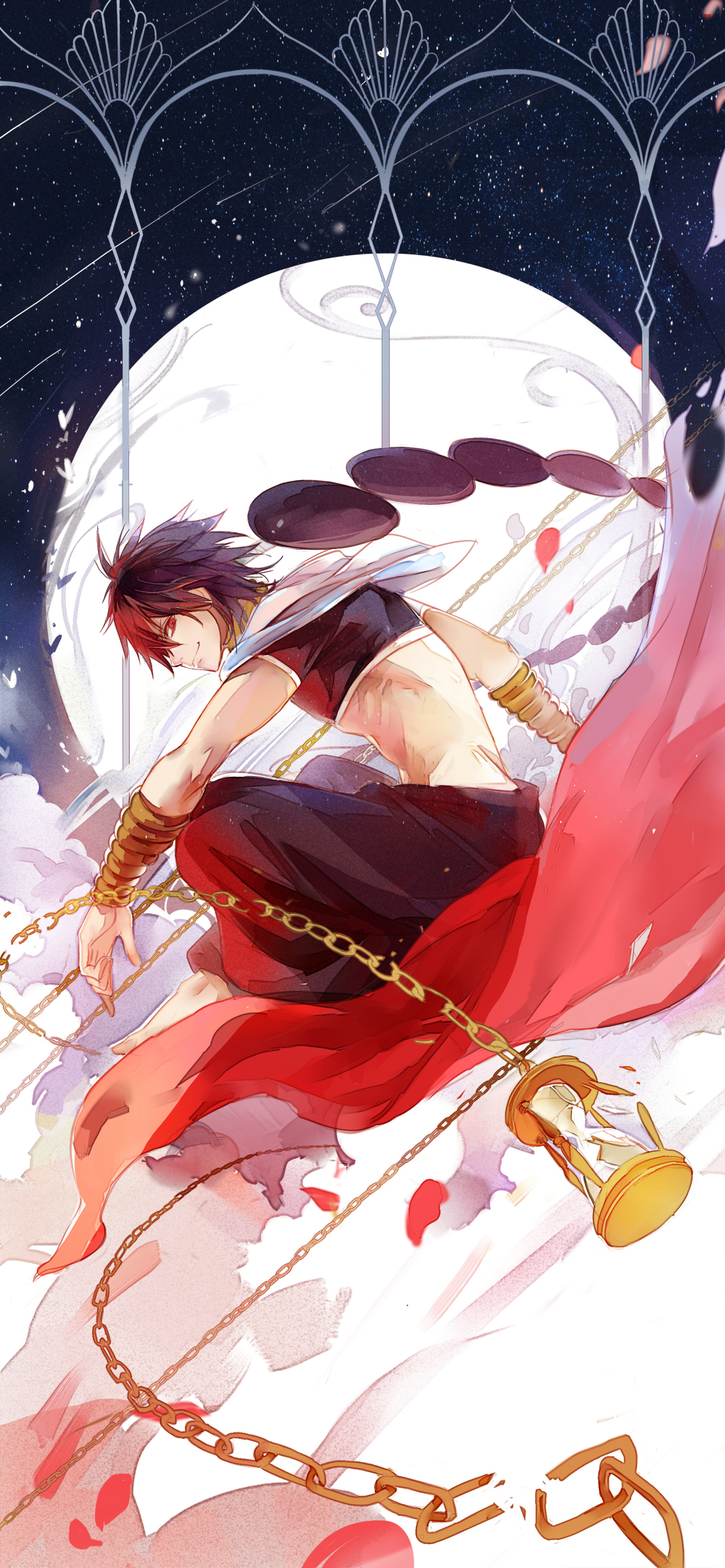 1boy barefoot black_hair braid broken broken_chain broken_glass chain clouds crop_top glass hair_tubes harem_pants highres hip_lines hourglass indian_style jewelry judal long_hair looking_at_viewer magi_the_labyrinth_of_magic magic_carpet male midriff moon neck_ring niaoniaoyoo night petals red_eyes shooting_star single_braid sitting sky smile star_(sky) starry_sky very_long_hair