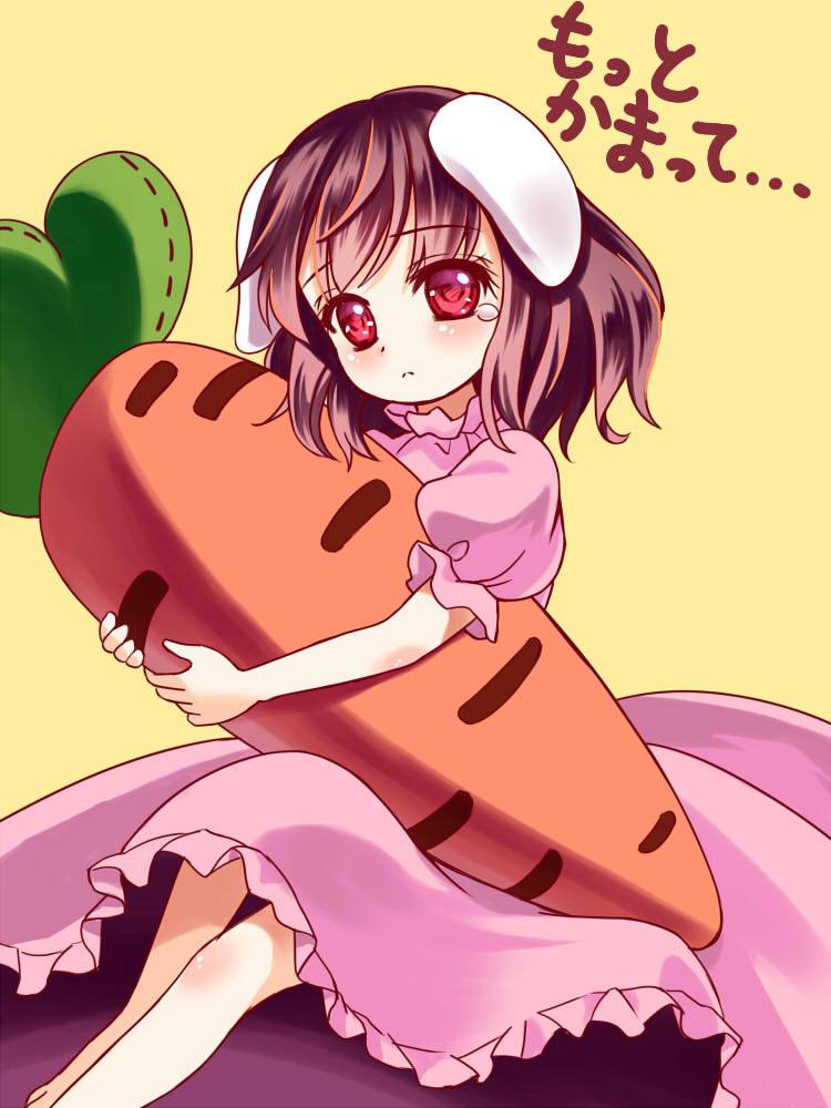 1girl animal_ears carrot douji dress frown gradient_hair inaba_tewi knee_up looking_at_viewer multicolored_hair pillow pillow_hug pink_dress puffy_short_sleeves puffy_sleeves rabbit_ears red_eyes short_sleeves simple_background sitting solo tears touhou yellow_background