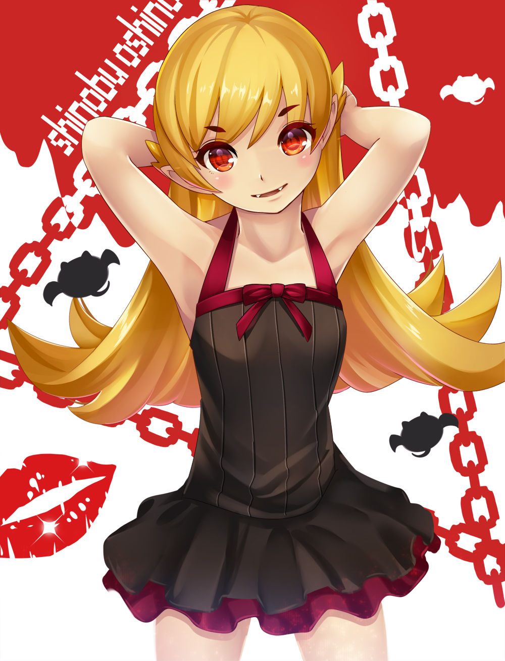 1girl armpits arms_up bare_shoulders blonde_hair blush dress fangs highres long_hair monogatari_(series) oshino_shinobu pointy_ears red_eyes smile solo yato