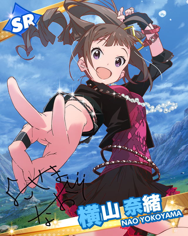 :d belt bracelet brown_hair character_name fingerless_gloves gloves hair_ornament idolmaster idolmaster_million_live! jacket jewelry looking_at_viewer musical_note necklace open_mouth posing side_ponytail signature skirt smile violet_eyes yokoyama_nao