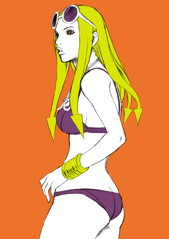 1girl bikini blonde_hair chonorin higashikata_hato jojo_no_kimyou_na_bouken jojolion long_hair red_eyes solo sunglasses sunglasses_on_head swimsuit