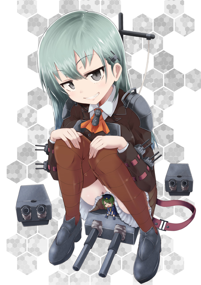 1girl aqua_hair brown_legwear dressing green_eyes grin hair_ornament hairclip honeycomb_background kantai_collection legs long_sleeves looking_at_viewer open_mouth shiny shiny_clothes shiny_skin shoes simple_background sitting smile solo suzuya_(kantai_collection) thigh-highs yuki_shiro zettai_ryouiki
