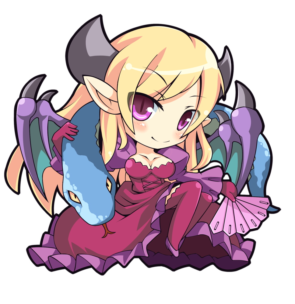 blonde_hair chibi dragon_wings dress fan grafity7 high_heels horns lilith_(p&amp;d) long_hair pointy_ears puzzle_&amp;_dragons ruffled_skirt sitting smile snake thigh-highs violet_eyes wings