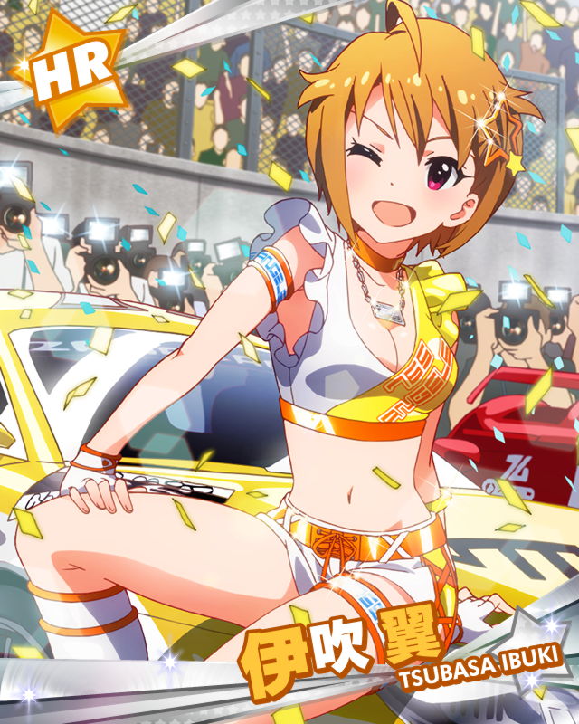 ;d ahoge audience blush breasts brown_hair car character_name choker cleavage confetti crop_top fingerless_gloves gloves hair_ornament ibuki_tsubasa idolmaster idolmaster_million_live! jewelry midriff motor_vehicle navel necklace official_art open_mouth pink_eyes posing racequeen short_hair shorts smile vehicle wink
