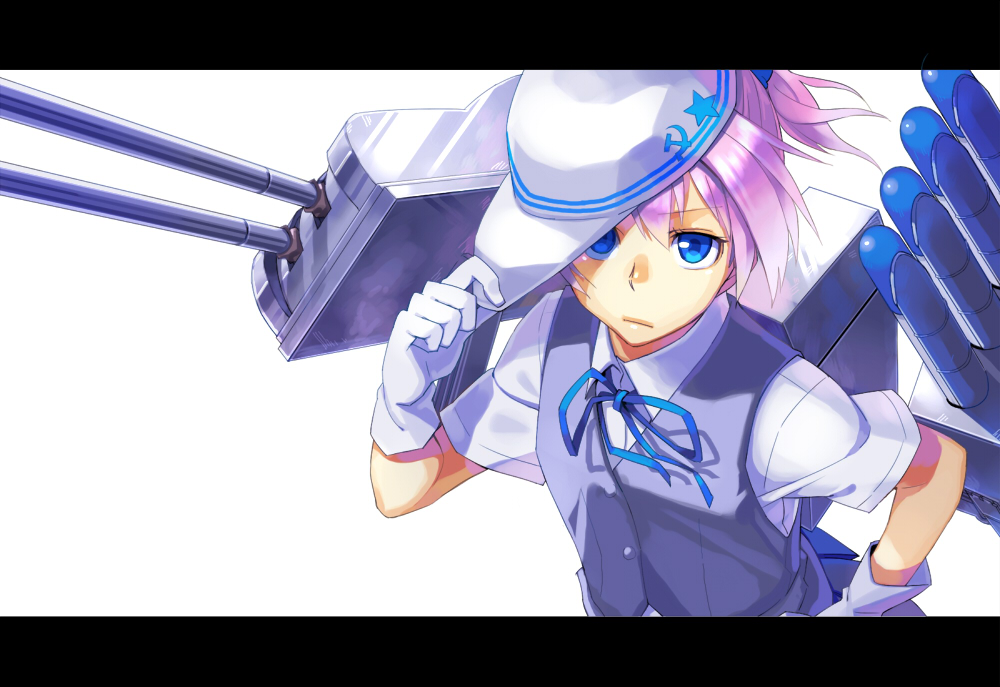 1girl bigur blue_eyes gloves hand_on_hat hat_tip kantai_collection personification pink_hair school_uniform shiranui_(kantai_collection) short_hair short_sleeves skirt solo white_gloves