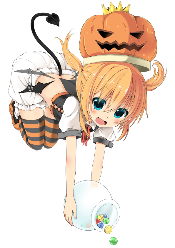 1girl bloomers blue_eyes brown_hair candy dodome-iro_mayonnaise halloween original solo tail thigh-highs underwear wings