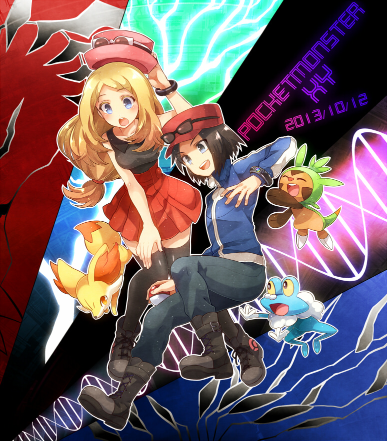 1boy 1girl black_legwear blonde_hair blue_eyes boots bracelet brown_hair calme_(pokemon) chespin copyright_name fennekin froakie hat hat_removed headwear_removed holding holding_poke_ball irouha jacket jewelry long_hair pleated_skirt poke_ball pokemon pokemon_(creature) pokemon_(game) pokemon_xy serena_(pokemon) skirt sunglasses sunglasses_on_head thighhighs