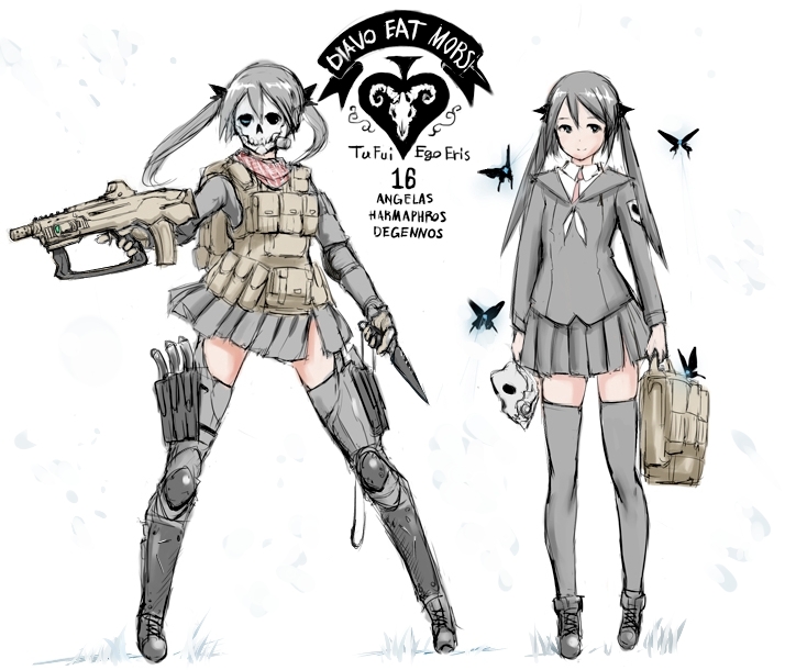 1girl black_hair black_legwear bullpup butterfly combat_knife crest dual_persona dual_wielding elbow_pads flat_chest greaves hair_ribbon holster knee_pads load_bearing_vest long_hair mask milizian! motto neckerchief operator original ribbon school_uniform skirt solo thigh_holster thighhighs twintails yrafy