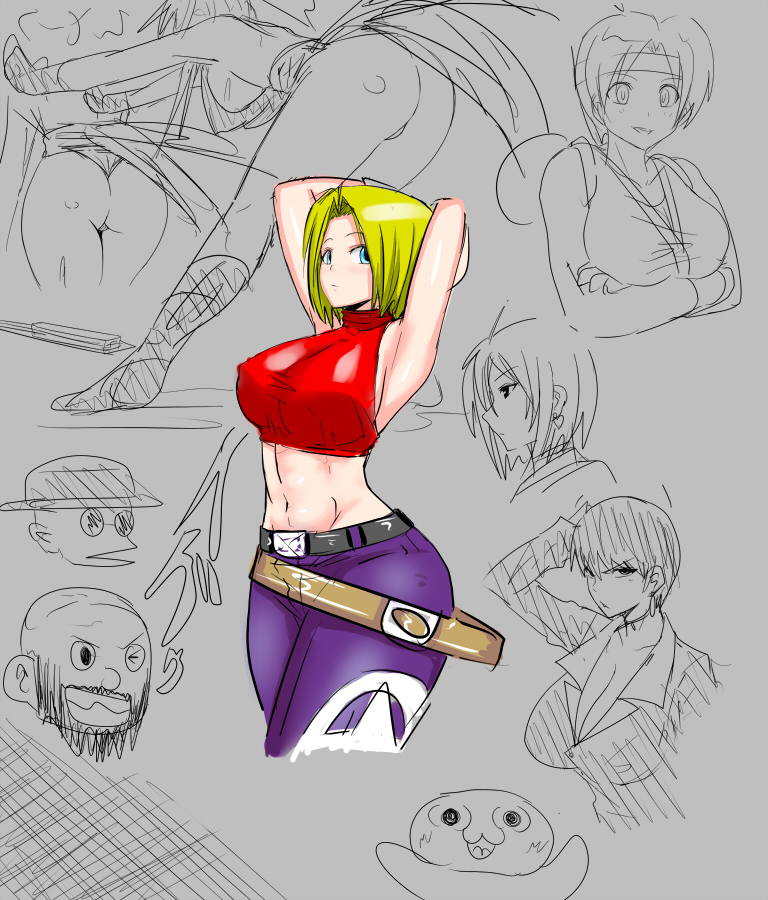 1girl armpits arms_behind_head arms_up ass bare_shoulders blonde_hair blue_eyes blue_mary bob_cut breasts collage crop_top cropped_legs halter_top halterneck king_of_fighters large_breasts midriff multiple_belts navel okyou pants shiranui_mai short_hair sideboob sketch solo solo_focus toned vice whip_(kof) yuri_sakazaki