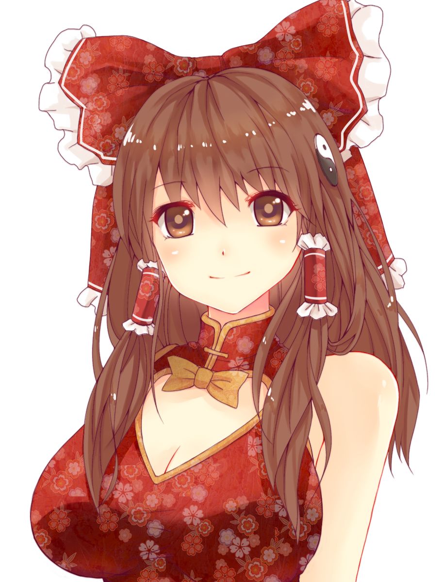 1girl alternate_costume blush bow breasts brown_eyes brown_hair china_dress chinese_clothes cleavage cleavage_cutout floral_print hair_bow hair_ornament hair_tubes hakurei_reimu highres large_breasts long_hair simple_background smile solo touhou white_background x&amp;x&amp;x yin_yang