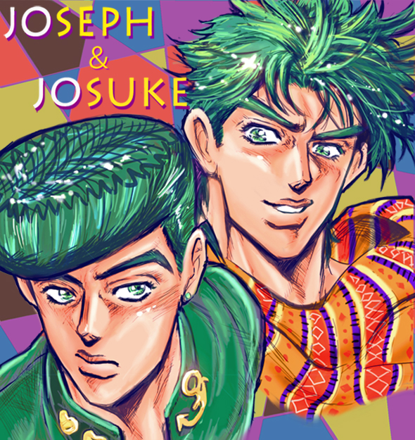 2boys father_and_son green green_eyes green_hair higashikata_jousuke jojo_no_kimyou_na_bouken joseph_joestar_(young) lovekey multiple_boys pompadour scarf spiky_hair