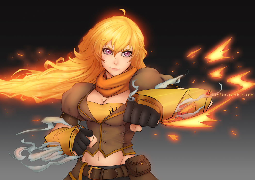 1girl artist_name blonde_hair breasts cleavage clenched_hand fire glowing glowing_hair long_hair rwby scarf scyfon smoke solo violet_eyes watermark web_address yang_xiao_long